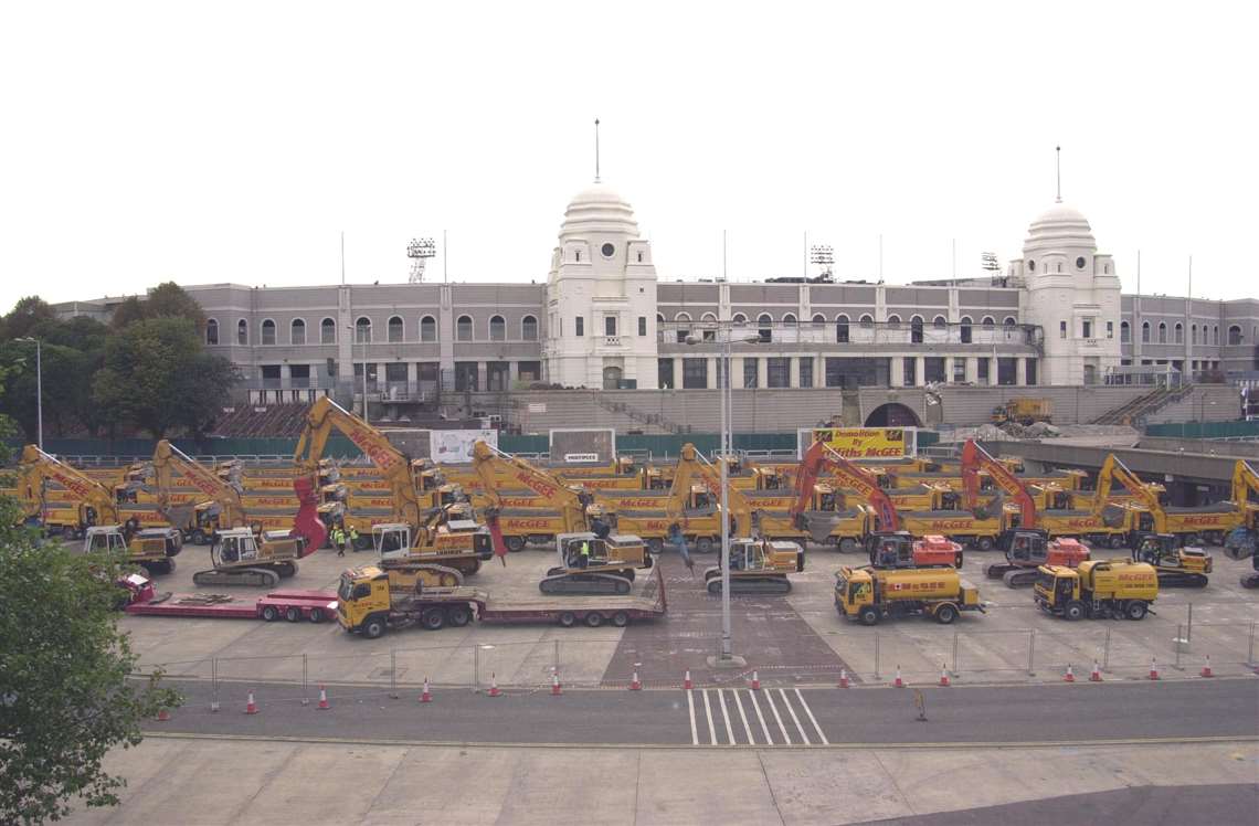 McGee's fleet of demolition equipment outside Wembley Stadium 