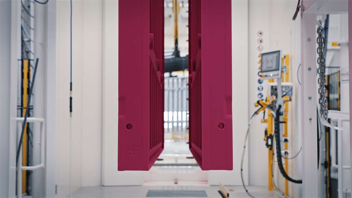 A formwork frame being powder coated at the plant