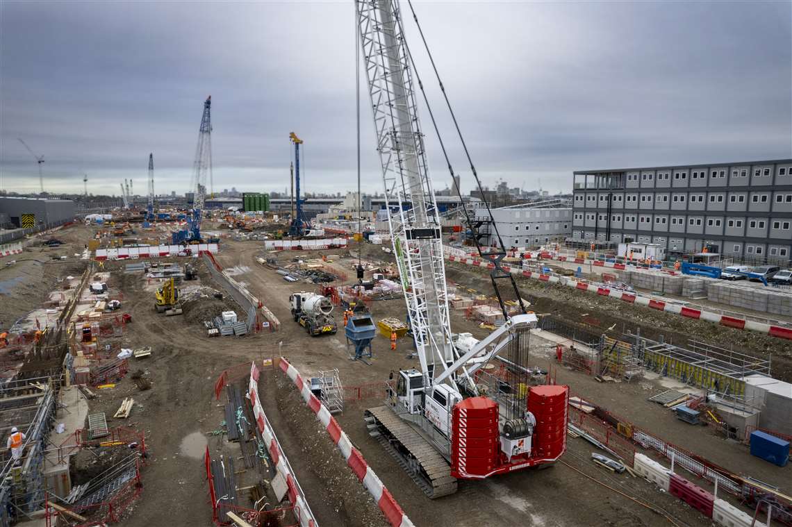 Liebherr LR1250E electric crane at HS2's Old Oak Common construction site