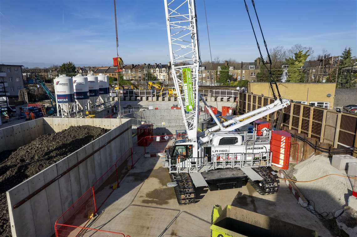 Liebherr LR1160E electric crane at HS2's Canterbury Road vent shaft site