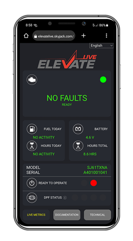 The 'home' screen of ELEVATE Live 2.0 for a boom lift on a smart phone.