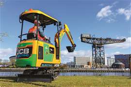 One of Sunbelt’s JCB electric mini excavators, pictured on the Clyde River in Glasgow, Scotland.