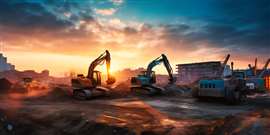 AI generated image of excavators and other construction equipment on a site at sunset.
