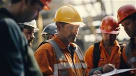 AI-generated image of a group of construction workers in-vis orange overalls and hard hats