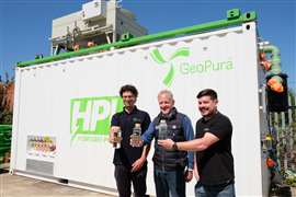 Theo Elmer, chief technical officer, GeoPura, Andy Welch, global hydrogen development manager, Extreme H and Craig Hardeman, innovation and Ss sustainability development manager, Power Logistics, hold water created as a by-product of the HPU2