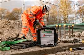 Photo of a construction worker using a tool powered by an Instagrid battery pack. (Image: Instagrid)