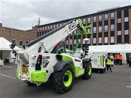 Photo of a JCB hydrogen powered telehandler at an event held by Sunbelt Rentals US (Image: IRN)