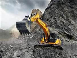 A LiuGong excavator moves rocks in a quarry