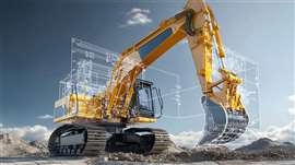 Detailed view of a construction excavator with transparent overlays exposing the complex hydraulic circuits and inner workings of this heavy machinery used for earthmoving demolition.