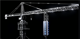 Guindaste de torre com braço articulado adaptado e cabeçote de impressora 3D montado abaixo do carro.