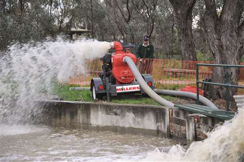 A 6” Aussie trash pump diverts water flooding the town of Horsham, Victoria, into a side channel, saving the town from flooding.
