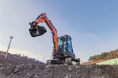 Doosan’s Stage V compliant zero tail swing mini excavator.