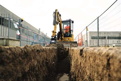 Cat’s 303.5 CR hydraulic mini excavator includes stick steer, cruise control, operator adjustable settings, and tilt-up canopy or cab as standard.