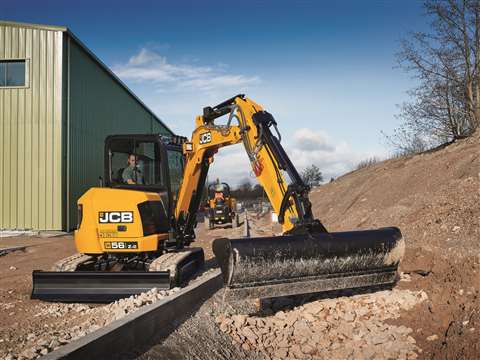 The JCB 56Z-2 mini excavator features a Stage V engine with no Diesel Exhaust Fluid, and larger ROPS cab with improved visibility and comfort.