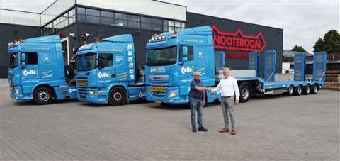 Remy Bergenhuizen (left), fleet manager at Collé Rental & Sales takes delivery of the first three semi-low loaders from Johan Visschers, sales advisor at Nooteboom Trailers