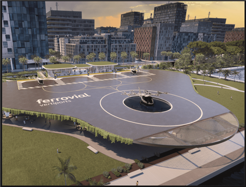 A digital rendering of what a Ferrovial-built vertiport could look like