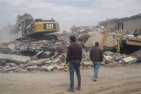 Debris being removed at Hatay, Turkey on 7 April, two months after the earthquake. (Photo: Murat Kocabas/SOPA Images/Sipa USA via Reuters connect).