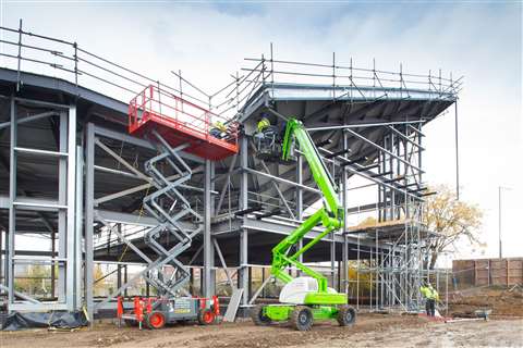 The-Niftylift-HR21-articulated-boom-lift-and-Skyjack-6832RT-scissor-lift-on-site-at-Curious-Brewery