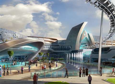 A computer generated image of how a Star Trek Themed attraction at Paramount Park  will look at the 