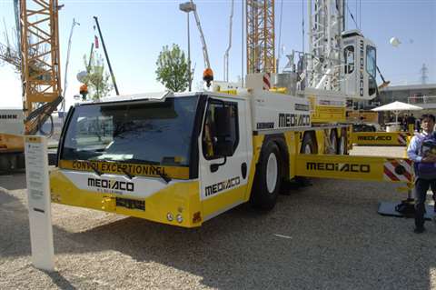 A Liebherr MK series wheeled mobile crane in Mediaco colours at the Intermat exhibition in Paris in