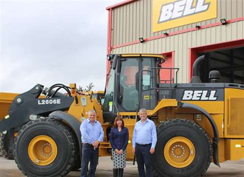 (L to R) Bell UK sales accounts manager Ian Cobden, Stokey Plant Hire managing director Sarah Jones,