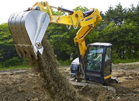 The SV100 2-Piece Boom is the first Yanmar excavator with an articulated boom