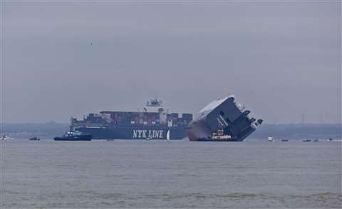 The stricken vessel Hoegh Osaka in the Solent, which had carrying construction machinery to North Af