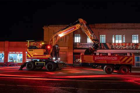 Plantforce Rental's 'super safe' Hyundai HW160 excavator at night with red lighted FHOSS Halo Exclusion zone